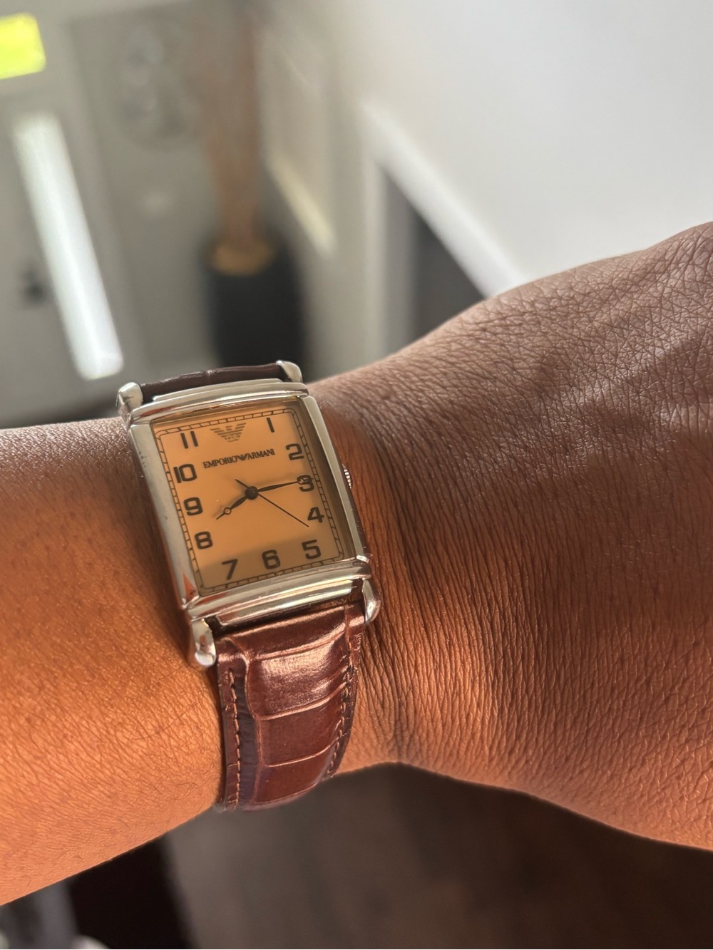 Emporio Armani Silver-Tone Case Brown Leather Strap Men's Watch